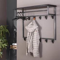 LifestyleFurn Wandkapstokken|Kapstok Yena Acaciahout en metaal, met 12 haken en plank Massief acacia zwart