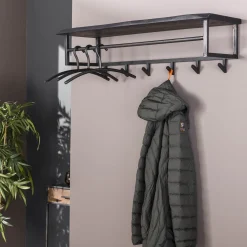LifestyleFurn Wandkapstokken|Kapstok Yena Acaciahout en metaal, met 6 haken en plank, kleur zwart Massief acacia zwart