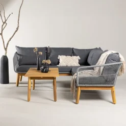 Nohr Loungesets|Loungeset Chandni Acaciahout, Met hoekbank en tafel Grijs