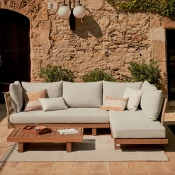 Kave Home Loungesets|Loungeset Raco Acaciahout, Met hoekbank en salontafel Beige