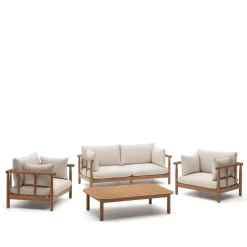 Kave Home Loungesets|Loungeset Sacova Eucalyptushout, Met 2 fauteuils, 2-zitsbank en salontafel Beige