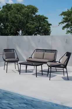 Nohr Loungesets|Loungeset Shiquita Met bank, 2 stoelen en tafel, kleur Zwart Bruin