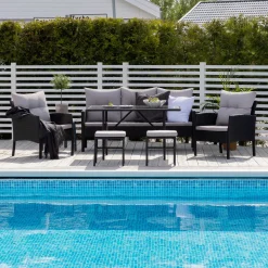 Nohr Loungesets|Loungeset Zeena Met bank, tafel, 2 stoelen en krukjes Zwart / Grijs