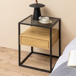 Bendt Nachtkastjes|Nachtkastjes|Nachtkastje Maikel zwart metaal met glazen blad en lade