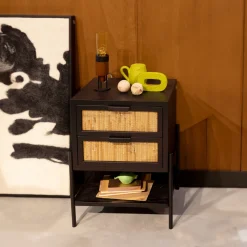 Dutchbone Nachtkastjes|Nachtkastjes|Nachtkastje Yasu Rattan, 45 x 35cm Zwart