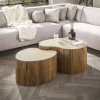 LifestyleFurn Salontafel Set|Travertin Salontafel|Niervormige Salontafel Beckie Mangohout en Keramiek in Travertin-look, Set van 2 stuks