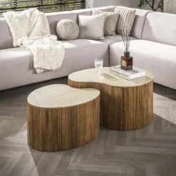 LifestyleFurn Salontafel Set|Travertin Salontafel|Niervormige Salontafel Beckie Mangohout en Keramiek in Travertin-look, Set van 2 stuks