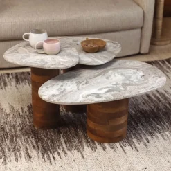 Dutchbone Bijzettafels Set|Organische Bijzettafel Suki Marmer en mangohout, Set van 3 stuks