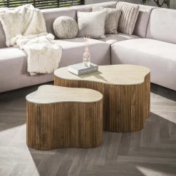 LifestyleFurn Salontafel Set|Travertin Salontafel|Organische Salontafel Beckie Mangohout en Keramiek in Travertin-look, Set van 2 stuks