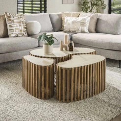 LifestyleFurn Salontafel Set|Travertin Salontafel|Organische Salontafel Beckie Mangohout en Keramiek in Travertin-look, Set van 3 stuks Massief mango zandkleur