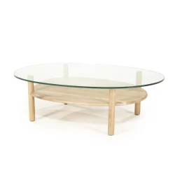 Eleonora Glazen Salontafel|Organische Salontafel|Organische Salontafel Cleo Glas en eikenhout, 101 x 73cm