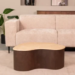 LABEL51 Organische Salontafel|Organische Salontafel Davi Travertin en hout, 80 x 70cm Espresso