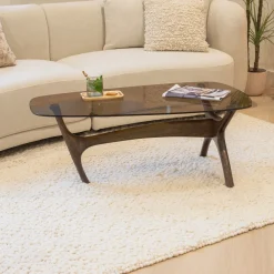 WOOOD Glazen Salontafel|Organische Salontafel|Organische Salontafel Flash Mangohout en glas, 110 x 60cm Walnoot