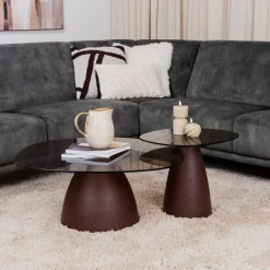 Sohome Organische Salontafel|Organische Salontafel Jacky Glas en gecoat staal, Set van 2 stuks, kleur Burgundy