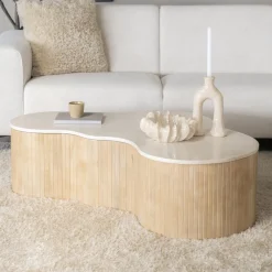 Eleonora Organische Salontafel|Organische Salontafel Kira Mangohout en marmer, 129 x 84cm Wit
