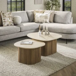 LifestyleFurn Salontafel Set|Travertin Salontafel|Organische Salontafel Laycie Keramiek in Travertinlook, Set van 2 stuks Ceramic travertine