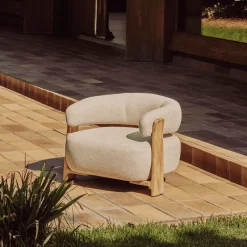 Kave Home Loungestoelen|Outdoor Fauteuil Granite Chenille en teakhout, kleur Beige