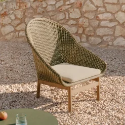 Kave Home Loungestoelen|Outdoor Fauteuil Olbia Met hoge rug, Rattan en Teakhout Groen