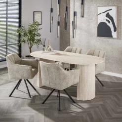 LifestyleFurn Travertin Eettafel|Ovale Eettafel|Ovale Eettafel Laycie Keramiek in Travertin-look, 180 x 90cm