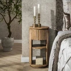 LifestyleFurn Sohome Giftcard|Nachtkastjes|Rond Nachtkastje Sharmila Mangohout, Met 1 lade Massief mango zand