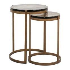 Richmond Interiors Bijzettafels Set|Ronde Bijzettafel|Ronde Bijzettafel Cleo Gegoten glas en ijzer, Set van 2 stuks Goud