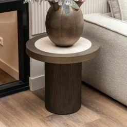 Richmond Interiors Ronde Bijzettafel|Ronde Bijzettafel Nando Travertinlook en eiken, 60cm Bruin