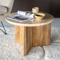 Eleonora Ronde Bijzettafel|Ronde Bijzettafel Sara Mangohout en travertin, 60cm
