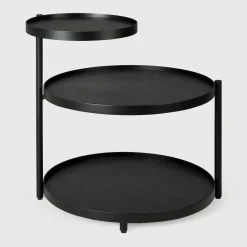 Ethnicraft Zwarte Bijzettafel|Ronde Bijzettafel|Ronde Bijzettafel Swivel Tray Gelakt Hout, Met 3 bladen Zwart