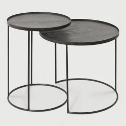 Ethnicraft Zwarte Bijzettafel|Bijzettafels Set|Ronde Bijzettafel Tray Gelakt Hout, Set van 2 stuks