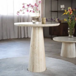 Eleonora Bistrotafels|Travertin Eettafel|Ronde Bistrotafel Aime Travertin, 70cm Beige