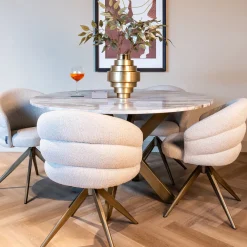 Richmond Interiors Marmeren Eettafel|Ronde Eettafel|Ronde Eettafel Bottega Marmer en brass, 140cm Wit