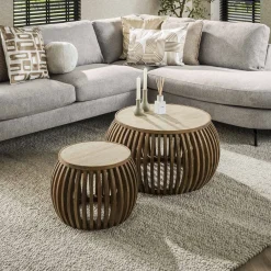 LifestyleFurn Salontafel Set|Travertin Salontafel|Ronde Salontafel Beckie Mangohout en travertinlook, Set van 2 stuks Massief mango zandkleur