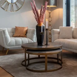 Richmond Interiors Salontafel Set|Ronde Salontafel|Ronde Salontafel Blackbone Brass, Set van 2 stuks Zwart