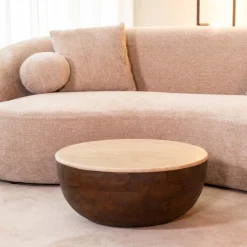 LABEL51 Ronde Salontafel|Ronde Salontafel Bowl Travertin en hout Espresso