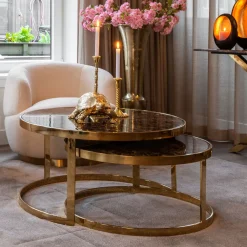 Richmond Interiors Salontafel Set|Ronde Salontafel|Ronde Salontafel Conrad Set van 2 stuks, Faux Marmer Goud