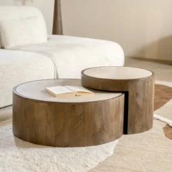 Eleonora Sohome Giftcard|Salontafel Set|Ronde Salontafel Hazel Mangohout en marmer, Set van 2 stuks Bruin
