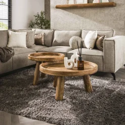 LifestyleFurn Salontafel Set|Ronde Salontafel|Ronde Salontafel Kanda Mangohout, Set van 2 stuks Massief mango zandkleur