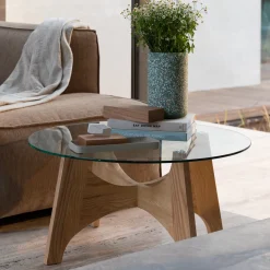 Zuiver Glazen Salontafel|Ronde Salontafel|Ronde Salontafel Kobe Essenhout en glas, 80cm