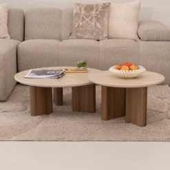 LifestyleFurn Salontafel Set|Travertin Salontafel|Ronde Salontafel Laycie Keramiek in Travertin-look, Set van 2 stuks