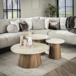 LifestyleFurn Salontafel Set|Travertin Salontafel|Ronde Salontafel Laycie Keramiek in Travertin-look, Set van 3 stuks