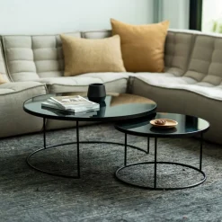 Ethnicraft Salontafel Set|Glazen Salontafel|Ronde Salontafel Nesting Spiegelglas, Set van 2 stuks