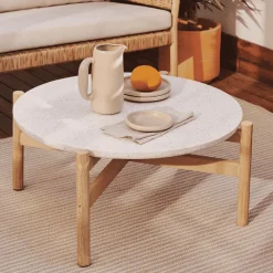 Kave Home Loungetafels & Bijzettafels|Ronde Salontafel|Ronde Salontafel Pola Eucalyptushout en Terrazzo, 88cm Wit