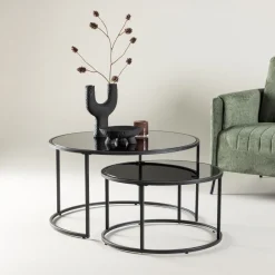 Nohr Salontafel Set|Glazen Salontafel|Ronde Salontafel Quan Set van 2 stuks, kleur Zwart