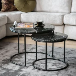 By-Boo Salontafel Set|Ronde Salontafel|Ronde Salontafel Romeo , Set van 2 stuks Zwart Marmer