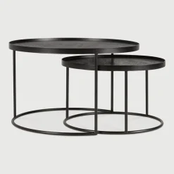 Ethnicraft Salontafel Set|Ronde Salontafel|Ronde Salontafel Tray Gelakt Hout, Set van 2 stuks