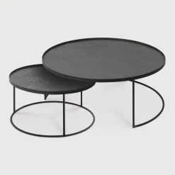 Ethnicraft Salontafel Set|Ronde Salontafel|Ronde Salontafel Tray Gelakt Hout, Set van 2 stuks