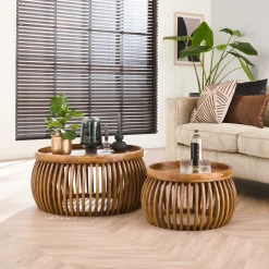 LifestyleFurn Sohome Giftcard|Salontafel Set|Ronde Salontafel Twiggy Mangohout, Set van 2 stuks Massief mango zandkleur