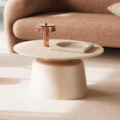 Bendt Travertin Salontafel|Ronde Salontafel|Ronde Salontafel Waleed Keramiek in travertinlook, 70cm, kleur Beige