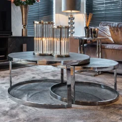 Richmond Interiors Salontafel Set|Ronde Salontafel|Salontafel Blackbone Eikenhout en Staal, kleur Zwart en set van 2 stuks Zilver