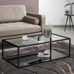 Kave Home Vierkante Salontafel|Glazen Salontafel|Salontafel Blackhill Glas met zwart frame